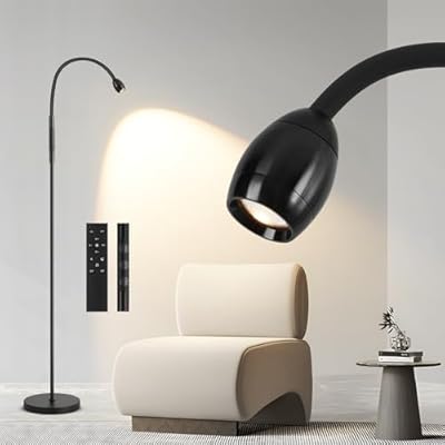 Powfloven Adjustable Gooseneck LED Beam Floor Lamp, Standing Reading Lamp with Flexible Gooseneck, Dimmable, Timer and Zoomable Spotlight, Black Task Bright Lights with Remote for Living Room Bedroom