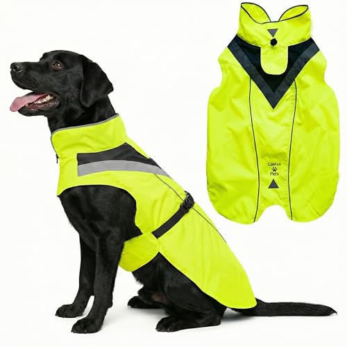 Wasserdichter Hunderegenmantel, reflektierenden Sicherheitsstreifen & Leinenöffnung – Leichte, Jacke für mittelgroße Hunde von Lautus Pets - XL, Gelb