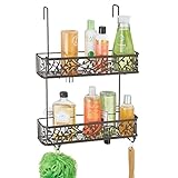 mDesign Wide Decorative Metal Over Shower Door Bathroom Tub & Shower Caddy, Hanging Storage Organizer Center - Built-in Hooks, Baskets on 2 Levels for Shampoo, Body Wash, Loofahs - Bronze