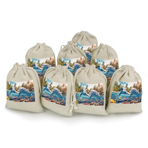 Two Dolphins Underwater Scene 8 Pack Small Gift Bags Cotton And Linen Drawstring Pockets Sachet Bag for Party Home Supplies
