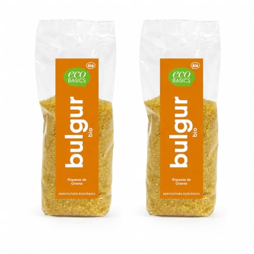 Pack 2 Bulgur EcoBasics Bio 500 g, 1 kg total, trigo ecológico precocido y partido, fuente de fibra, vegano, ideal para tabulé, ensaladas, guarniciones y platos calientes.
