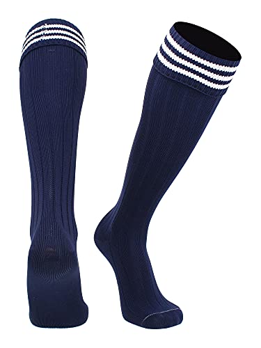 TCK Euro Style 3 Stripe Soccer Socks (Navy White, Large)