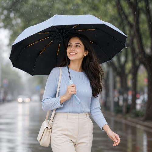 Image of Vasukie Compact Travel Umbrella with Ergonomic C-Shaped Handle, Wind Resistant Folding Umbrella for Men & Women, Lightweight Portable Umbrella for Travel, Office & Daily Use