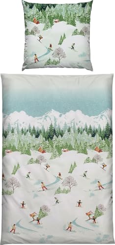 Erwin Müller Bettwäsche Edelflanell Skifahrer und Berglandschaft grün...