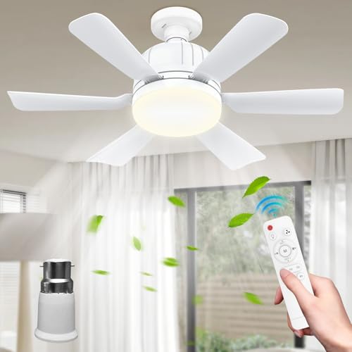 Ventilatore da soffitto con luce e telecomando - Ventilatore da soffitto silenzioso E27 da 46 cm con 3 livelli, lampada LED dimmerabile, 3 livelli di vento, timer 2/4 ore, per la stanza (bianca)
