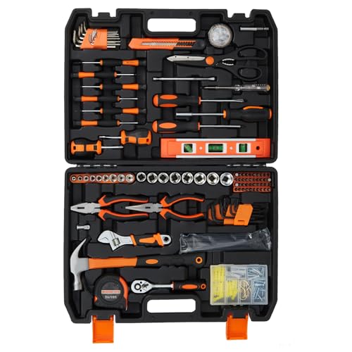 242 Piece Tool Set, Household Hand Kit, Hand Tool Kit with Plastic Toolbox Storage Case for Home Maintenance DIY Projects, Orange