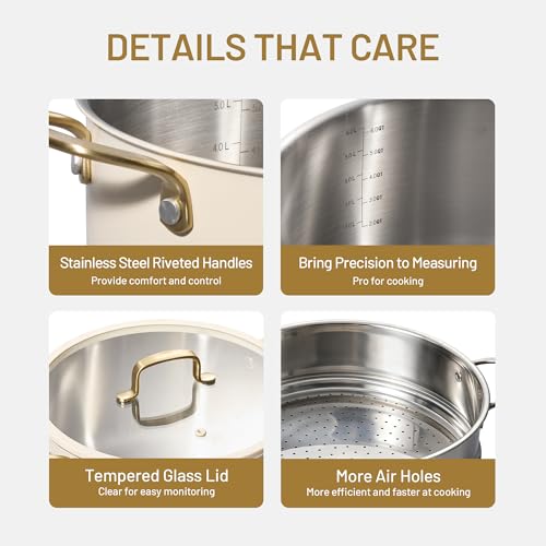 Image of CAROTE 8QT Full Clad Tri Ply Stainless Steel Stock Pot with Lid | All Stoves Compatible, Oven & Dishwasher Safe, Stay Cool Handle, White, Cookware for Simmer