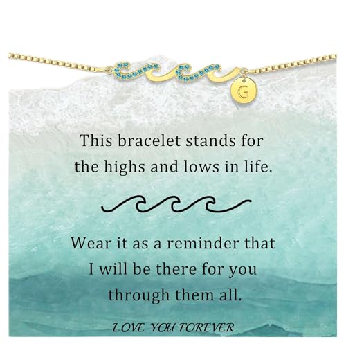 Dainty Gold Bracelet with Initials, Gifts for Women Initial Bracelets for Women Mom Gift Teen Gifts Trendy Stuff Wave Bracelet Grandma Graduation Gifts for Her 2025 Daughter Friend Letter A-Z Birthday Christmas Jewelry