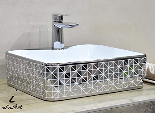 Image of InArt Designer table top wash basin for bathroom / bathroom sink / cabinet wash basin / ceramic basin / counter top basin / vanity washbasin in Rectangle Shape Silver White 19 x 15 x 5 Inch