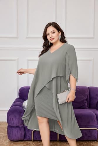 Image of Hanna Nikole Womens Plus Size Chiffon Cocktail Dress Ruffle 3 /4 Sleeve Wedding Guest Party Dresses with High Low Hem