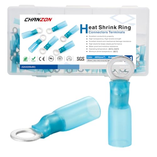Chanzon 80pcs #10 Heat Shrink Ring Terminal M5 UL Recognized 16-14AWG Blue