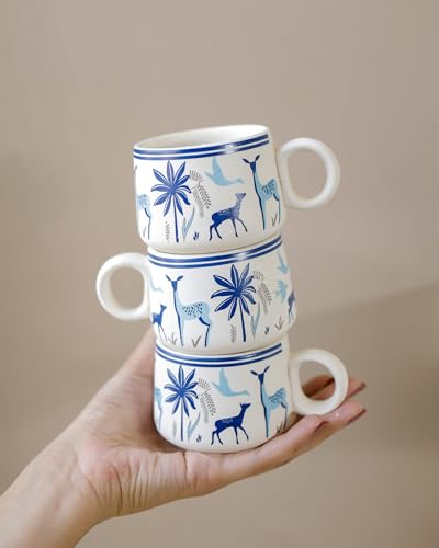Image of Ceramic Kulhad Set of 6 | Hand-Painted Blue Deer Design Tea Cups | Traditional Clay Style Kulhad for Chai, Coffee | Safe & Durable Stoneware, Ceramic Indian chai Cups | Multicolor