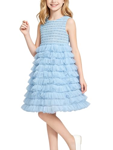 Glorycat Flower Girl Dress Weeding Guest Dresses Layered Ruffled Formal Pageant Ball Gown for Casual Party Blue Little Kids 7-8Y