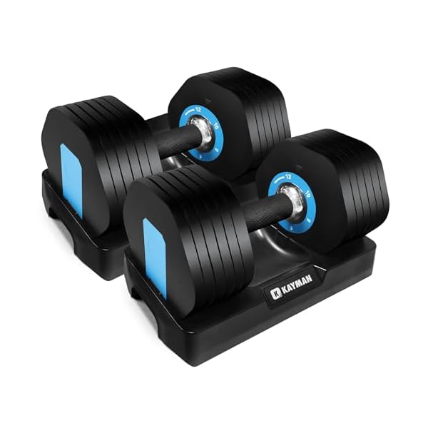 Kayman Adjustable Dumbbell Pair 2x12kg, Powerblock 12-in-1 Weight Set with Quick Radial Dial System, Adjustable Dumbbells Set Strong Grip Workouts & Strength Training dumbells for Home, Gym Fitnes