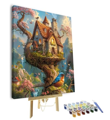 Peinture par numéros pour adultes TISHIRON cabane et oiseaux kit complet toile 40x50 cm
