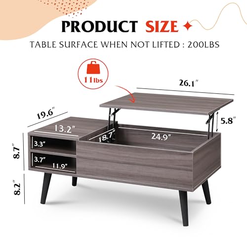 Image of WLIVE Lift Top Coffee Table with Hidden Storage, Adjustable Shelf, Grey | Mid Century Modern Wooden Coffee Table, for Dining /Living Rooms /Offices; 39.4 inchW x 19.7 inchD x 16.9 inchH
