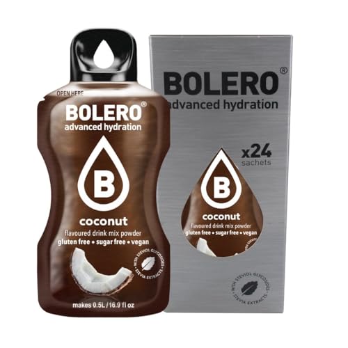 Bolero Bebida 24 bolsitas 3 gr Sticks Frutas Preparado Polvo Soluble Para Bebida Fresca en Agua Producto, 72 gramos endulzado con stevia (Coconut)