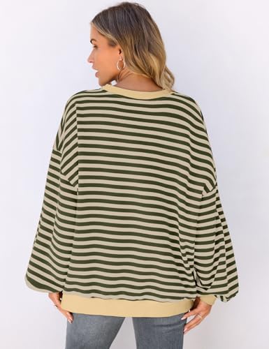 Image of UEU Women Oversized Striped Crewneck Sweatshirt Long Sleeve Color Block Pullover Tops Casual Loose Workout Shirt