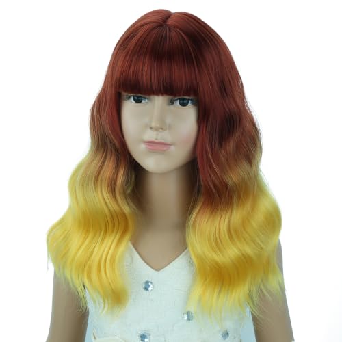 Image of Flame Wig Fire Wig with Bangs Short Wavy Curly Wigs Synthetic Cosplay Hair Wigs