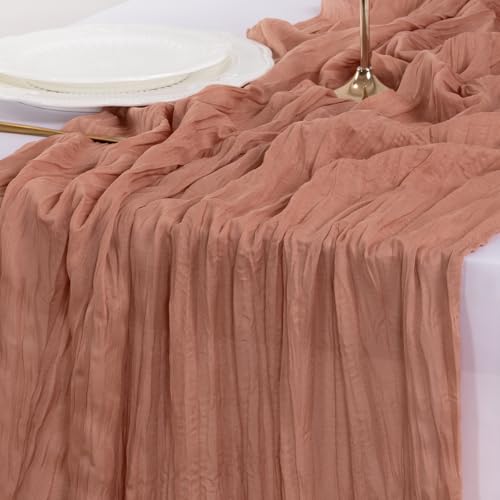 Image of Socomi Dusty Rose Easter Spring Cheesecloth Table Runner Boho Rustic Gauze 120 inch 10FT Cheese Cloth Runner for Wedding Party Baby Shower Birthday Home Decor Holiday Decorations