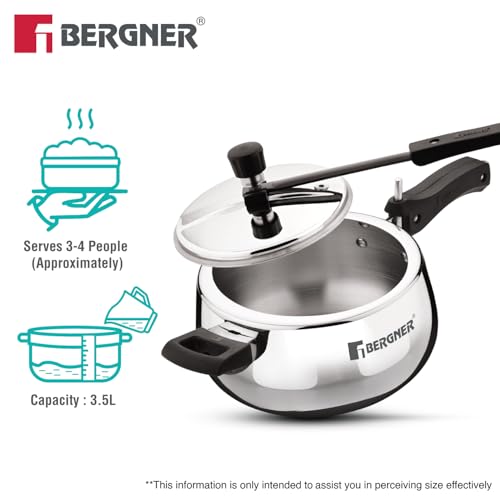 Image of Bergner Shouraya Triply Stainless Steel 3.5 Litres Inner Lid Pressure Cooker, Belly Shape, Faster and Even Heat Distribution, Healthy Cooking, ISI-Certified - Induction and Gas Stove Ready