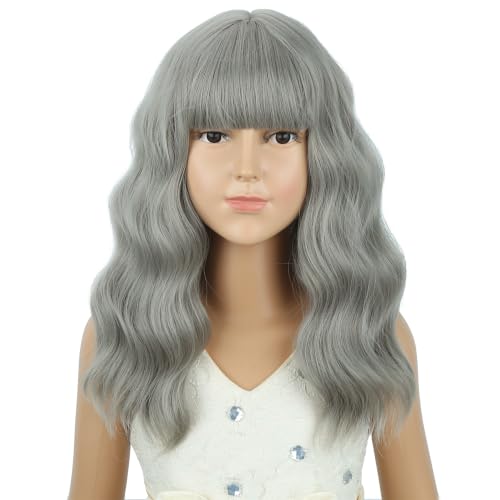 Image of Girls Gray Wig with Air Bangs Kids Short Gray Wavy Curly Wigs Children Synthetic Cosplay Hair for Halloween