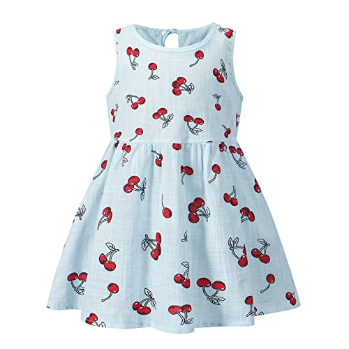 Vestido sin mangas para niña pequeña y mediana de algodón y lino con estampado de cereza, vestido tipo suéter para niñas 4t (azul cielo, 2-3 años)