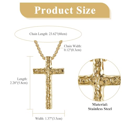 Collier croix en acier inoxydable pendentif texturé martelé style rétro
