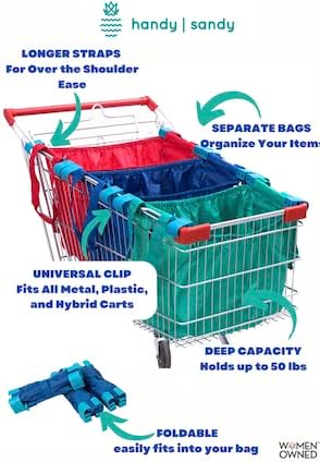 Miniatura 2 de Bolsas reutilizables para carrito de compras (juego de 3), bolsas de comestibles plegables, bolsas de mano multiusos, color rojo