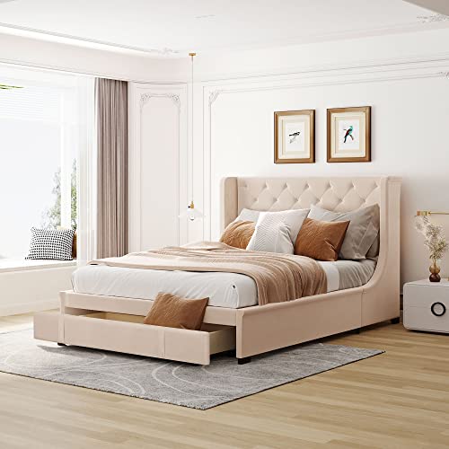 Moimhear Cama tapizada de 140 x 200 cm, cama doble con somier, respaldo y cajones grandes, cama doble para adultos y jóvenes en tela de lino profesional (beige), LDU00037