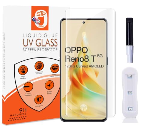 Image of STP FEEL UV Premium Tempered Glass Screen Protector Guard For Oppo Reno 8T 5G (6.7 Inch, Pack of 1) Full Adhesive UV Curved Case Friendly HD Clarity with easy installation kit for Smartphone