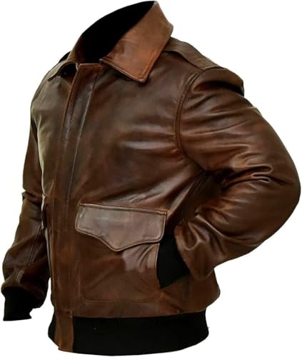 Image of Mens G-1 Fur Collar US Navy Flight Distressed Brown Aviator Genuine Leather Jacket