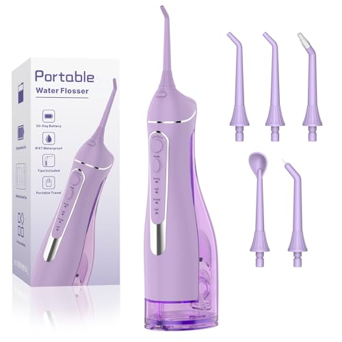 Image of Cordless Portable Water Flosser with 300ML Tank: Rechargeable Oral Irrigator with 5 Tips for Travel, Braces Care and Sensitive Gums, IPX7 Waterproof Teeth Cleaning Device(Purple)