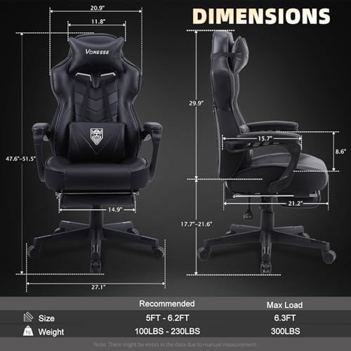 Vonesse-Gaming-Chair-with-FootrestBig-and-Tall-Gaming-Chairs-for-AdultsComputer-Chair-for-High-Back-and-MassageReclining-Gamer-Ergonomic-Office-Desk-ChairBlack Vonesse Gaming Chair with FootrestBig and Tall Gaming Chairs for AdultsComputer Chair for High Back and MassageReclining Gamer Ergonomic Office Desk ChairBlack