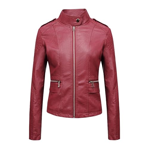 Manteau court similicuir femme rouge veste moto ajustée col montant taille M