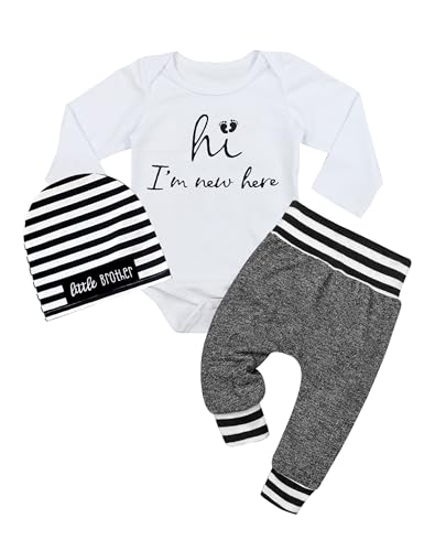 Image of Fommy Newborn Baby Boy Clothes Hi Im New Here Letter Print Romper+Pants+Striped Hat 3pcs Outfits Set