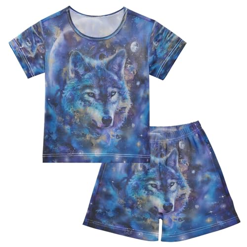 senya Short Sleeve Pajamas Sets Summer Cotton Sleepwear Watercolor Moon Galaxy Wolf