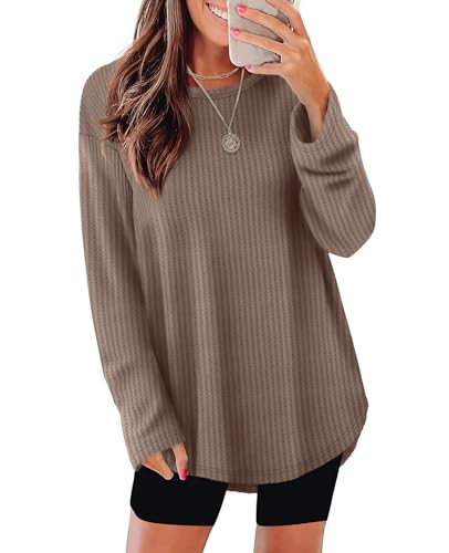 XIEERDUO Women Tunic Tops Dressy Casual Long Sleeve Shirts Fall Trendy Waffle Knit Crewneck Curved Hem Fashion Clothing 20252