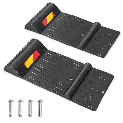 COSTWAY Lot de 2 Butée de Roue Antidérapant pour Garage, Tapis Aide au Stationnement avec Bande d'Avertissement, Guide des Pneus pour Plupart des Véhicules 53 x 25,5 x 5 cm, Noir