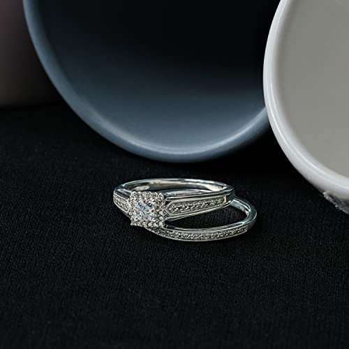 925 Sterling Silver Diamond Wedding Ring Set For Women, 1/5Ct White Diamond Square Cluster Halo Engagement Ring With Matching Diamond Wedding Band For Women In Sterling Silver #TOP2