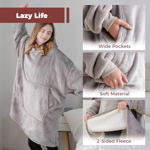 Good Nite kuscheldecke mit Ärmeln Hoodie Decke mit Ärmeln Pullover Decke Damen Kapuzenpulli in Übergröße mit Taschen Sherpa Snuggle Blankets Grau