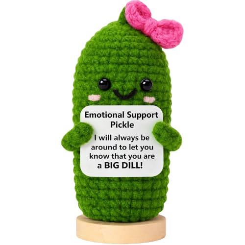 Image of Emotional Support Pickle Crochet with Stand. Handmade Positive Pickle Gift for Women, Friends, Family, Co Workers. Birthday Gifts. Best Friends (Pink Support Pickle)