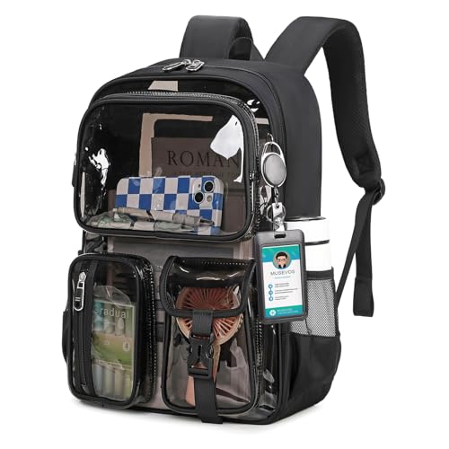MUSEVOS Clear Backpack for School, Heavy Duty Clear Bookbag for Girls Boys Transparent Backpack with Badge Holder, Semi-Black