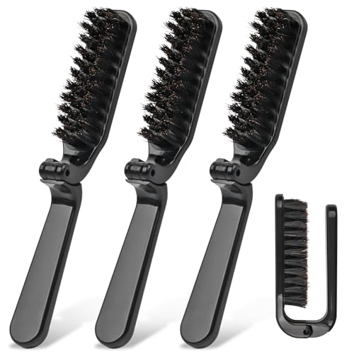 Juego de 3 cepillos y peine plegables de cerdas de jabalí de viaje, juego de estilo compacto para barba, cabello, bolso o bolsa de mano