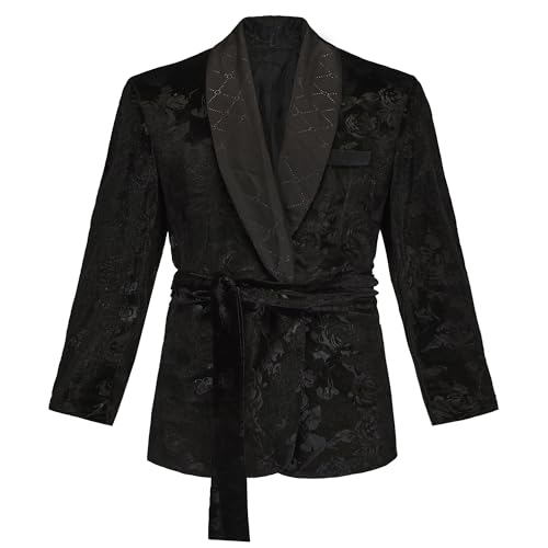 Men's Velvet Floral Smoking Jacket with Belt Short Lounge Shawl Lapel Bathrobe for Home Party