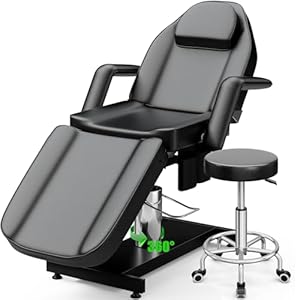 OKAKOPA Tattoo Chair Facial Bed for Esthetician w/Stool, 360 Swive Upgraded Hydraulic Spa Lash Chair, Tattoo Bed for Client w/Super Large Pump for More Stability, Professional Massage Bed, Black