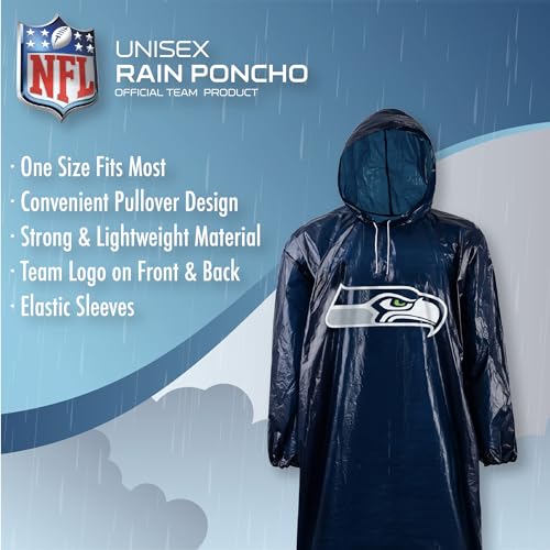 Image of NFL Waterproof Rain Poncho for Adults, Sporty, Elastic Sleeves and Drawstring Hood, Unisex Rain Coat