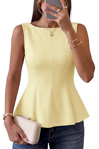 IWD Women's Sleeveless Peplum Top 2026 Business Casual Slim Fit Boat Neck Tank Top Babydoll Blouse Summer Dressy Outfits Light Yellow, Large