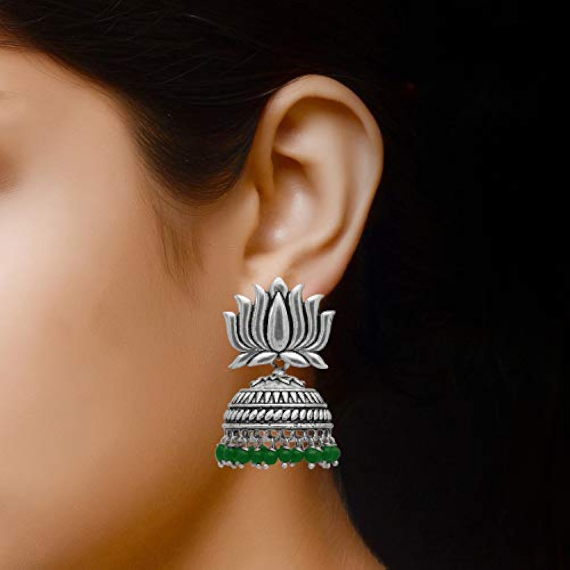 Lotus Floral German Silver Jhumki Earrings, Oxidised Design