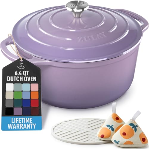 Image of Zulay Kitchen 6.4QT Enameled Cast Iron Dutch Oven Pot with Lid, Heavy-Duty Soup Pot for Stews, Braising, Roasting & Sourdough Bread Baking, Oven Safe up to 500F - Lavender Jade
